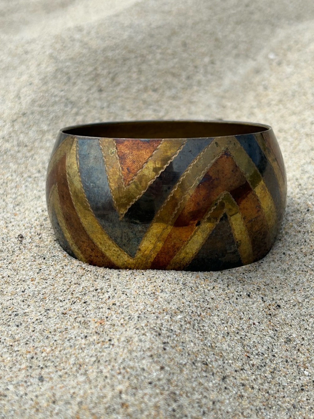 VTG Wide Three  Tone Brass Bangle Bracelet in Gold, Brass and Silver Tone.